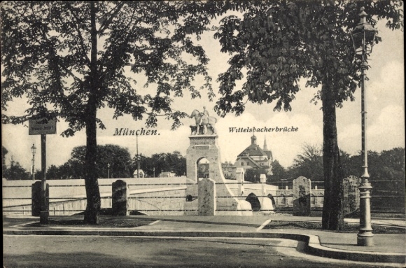 Postcard Munich, Wittelsbacher Bridge, trees, street view