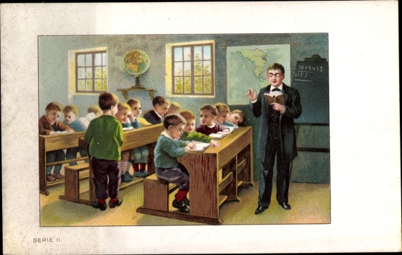 Postcard children in school, teachers, blackboard, advertising La farina lattea Nestlé, Societa Henri Nestlé, Vienna