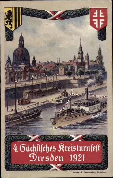 Coat of arms artist PC Rowland, F., Dresden center old town, 4th Saxon district gymnastics festival 1921, steamer