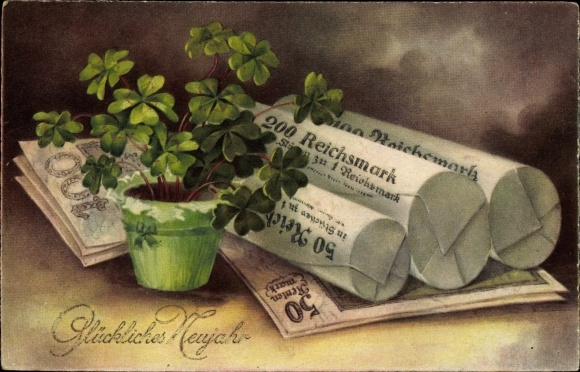 PC Happy New Year, shamrocks, Reichsmark, rolls of money, banknotes