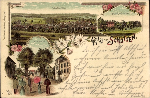 Litho Schotten im Vogelsbergkreis Hessen, Panorama, Bahnhof, Kreisamt, Untere Vorstadt