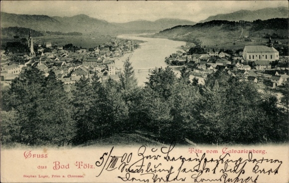 Postcard Bad Tölz in Upper Bavaria, view from Calvarienberg, river view, walk, landscape