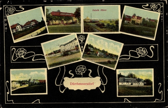 Ansichtkaart Dürrhennersdorf in Opper-Lausitz, fabriek Jähne, treinstation, gedeeltelijk uitzicht
