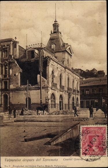 Postcard Valparaíso Chile, earthquake, fire center
