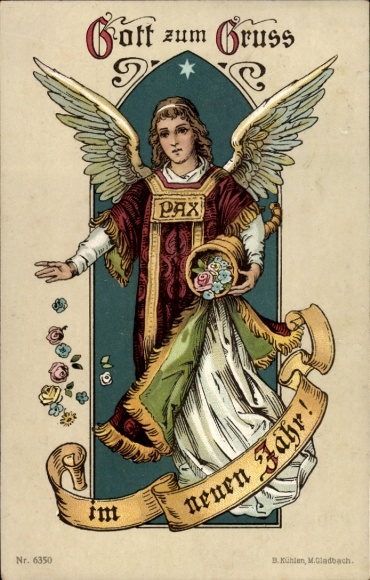 Postcard Happy New Year, Guardian Angel, Cornucopia, Flowers, Pax, Peace