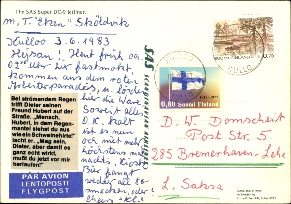 Postcard SAS Scandinavian Airlines, Douglas DC 9 Jetliner, Swedish passenger plane