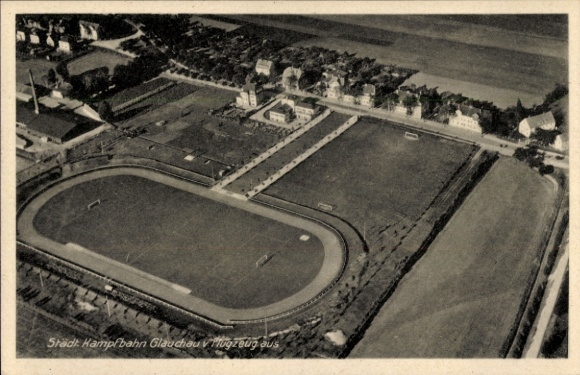 Postcard Glauchau in Saxony, aerial photograph, municipal arena