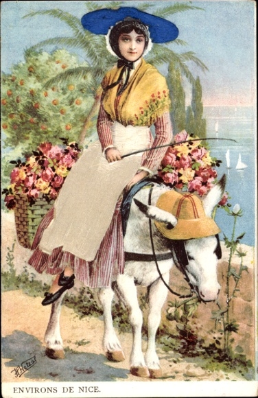 Artist Postcard Watzal, H., Nice Alpes Maritimes, woman riding on donkey, flower basket