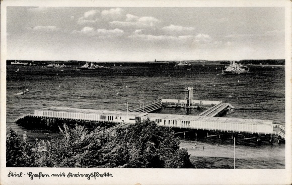Postcard Kiel, port, warships, navy, war fleet