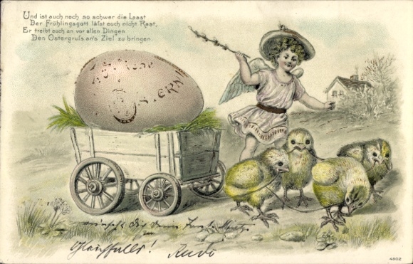 Litho Glückwunsch Ostern, Osterei, Küken, Engel