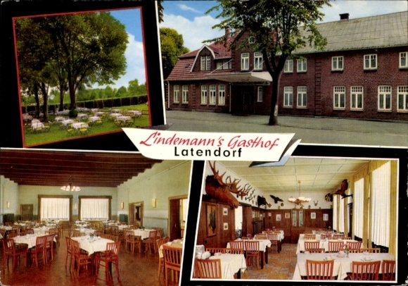 Postcard Latendorf in Holstein, Lindemanns Gasthof, exterior view, terrace, interiors