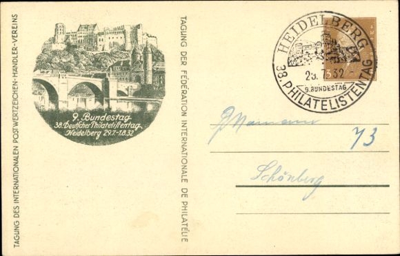 Papeteria pocztowa KP GS DR PP 106 C13 03, 38. Niemieckie Święto Filatelistów Heidelberg 1932