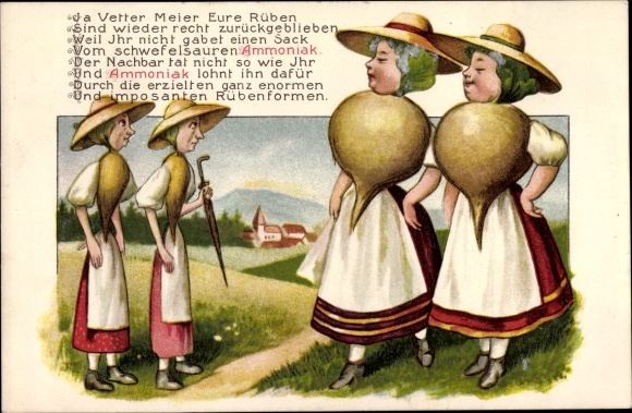 Postcard women as beets, advertising, ammonia fertilizer