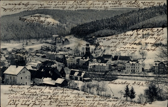 Postcard Schmiedeberg Dippoldiswalde in the Ore Mountains, winter view