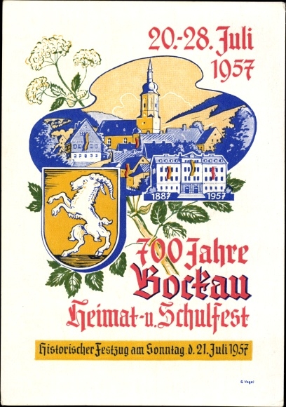 Coat of arms Postcard Bockau in the Erzgebirge, 700 years of the city, local and school festival 1957