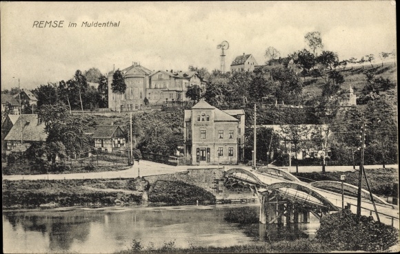 Postcard Remse on the Mulde, partial view with bridge