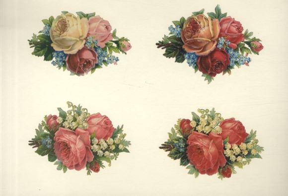 4 Oblaten Rosenbouquets mit Maiglöckchen und Vergissmeinnicht, je ca. 11 x 7 cm