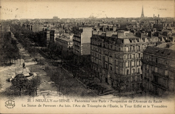 Ak Paris VIII Élysée, Panorama van Parijs, Avenue du Roule, Statue de Perronet, Arc de Triomphe, E
