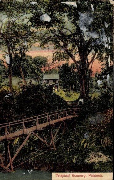 Ak Panama City Panama, Tropische Landschaft,  Brücke, Haus im Hintergrund