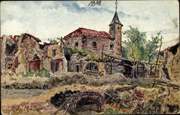 Artist Postcard Müller, Richard, Destroyed Village, War Destruction, I WK