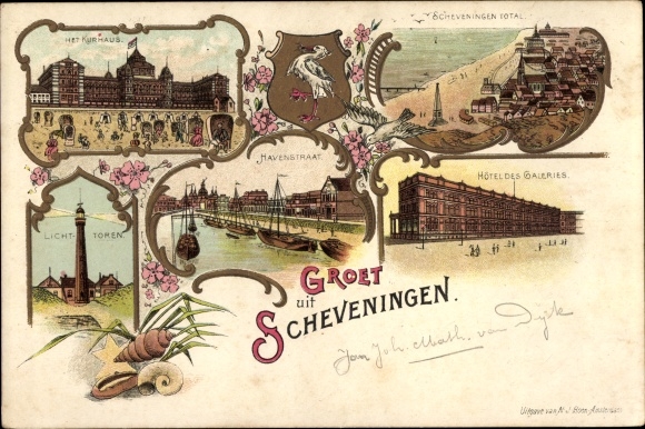 Chromo-Litho Scheveningen The Hague South Holland, spa house, beach, harbour, lighthouse, hotel