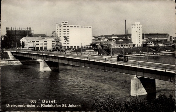 KP Basel City Szwajcaria, Dreirosenbrücke, port nad Renem St. Johann, rzeka, budynek