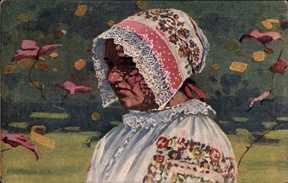 Artist Postcard Uprka, J., Woman in Slovak costume, Mlada zana