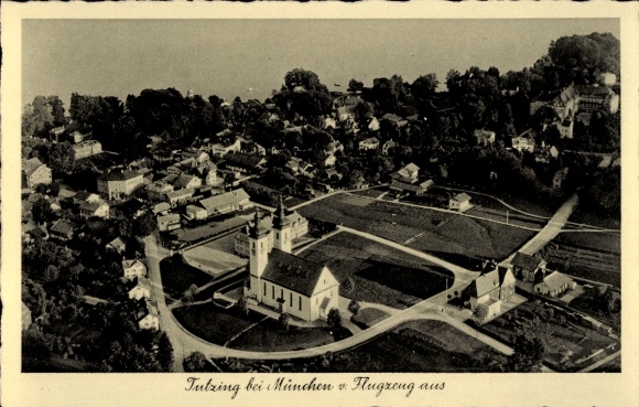 Postcard Tutzing on Lake Starnberg, Upper Bavaria, aerial view of church, aircraft, residential buildings