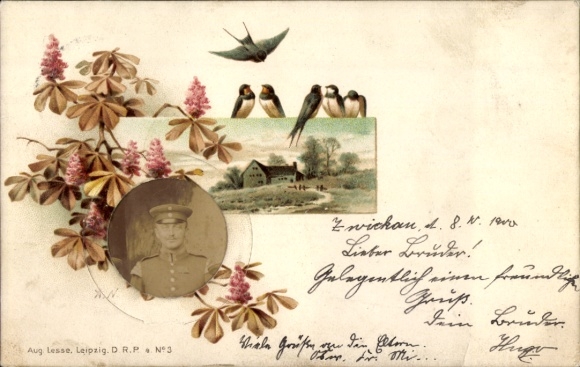 Chromo-Litho Zwickau in Saxony, house, swallows, soldier portrait