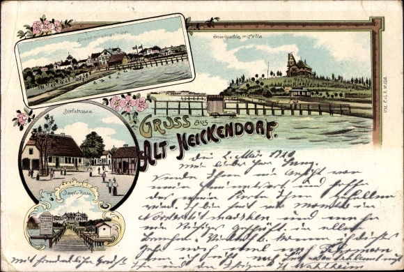 litho Altheikendorf Heikendorf aan de Kieler Fjord, strand met villa, dorpsstraat