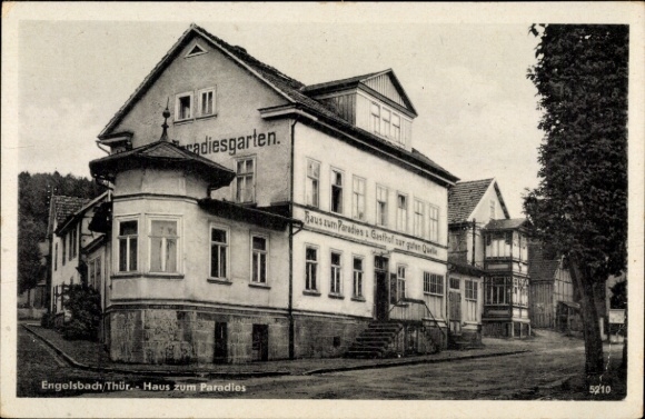 Ak Engelsbach Leinatal Thüringen, Haus zum Paradies, Gasthof zur guten Quelle, Paradiesgarten