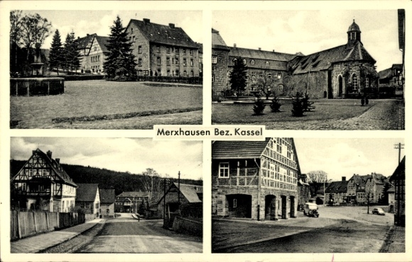 Postcard Merxhausen Bad Emstal in Hessen, church, street, fountain