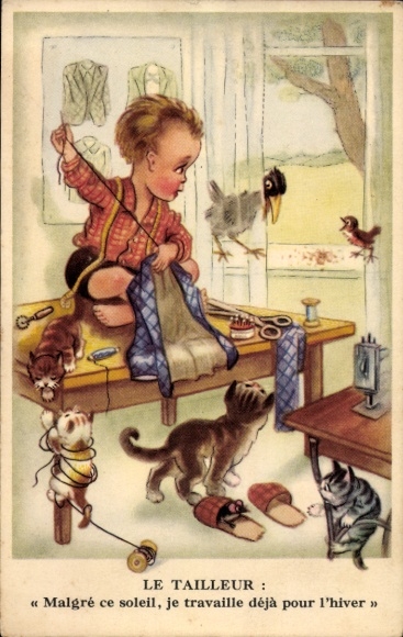 Postcard boy sewing, sewing kit, cats, birds on the windowsill