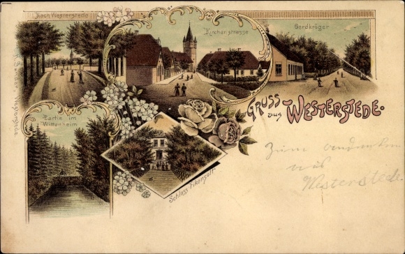 Chromo-Litho Westerstede in Oldenburg Ammerland, Gerdkröger, church, Fikensolt Castle