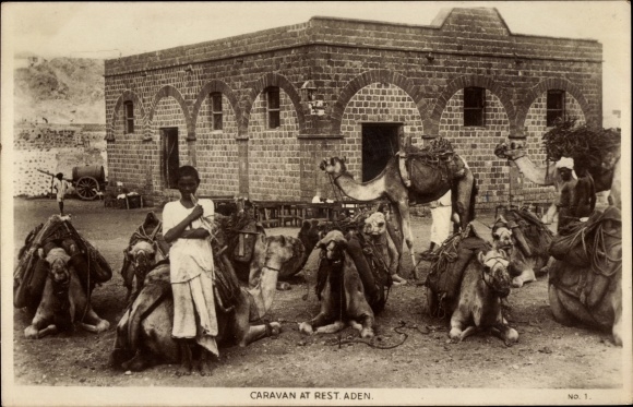 Postcard Aden Yemen, caravan at rest