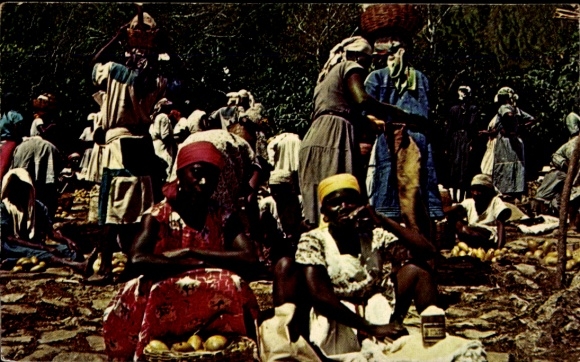 Postcard Port au Prince Haiti, market scene, many women, fruit, traditional clothing, vibrant colors