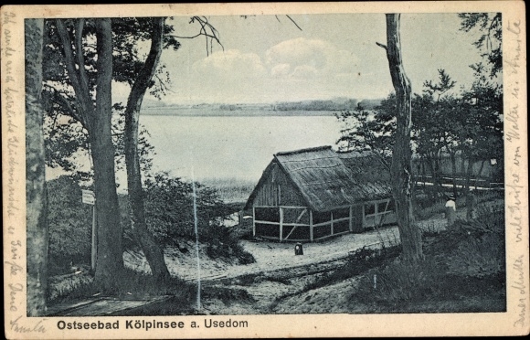 Postcard Baltic resort Kölpinsee on Usedom, cottages on the water