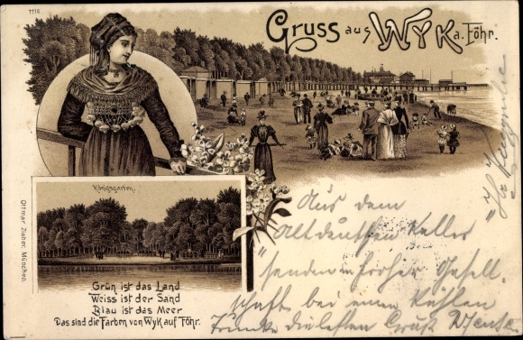 Chromo-Litho Wyk on Föhr in North Friesland, beach, woman in typical costume, Königsgarten