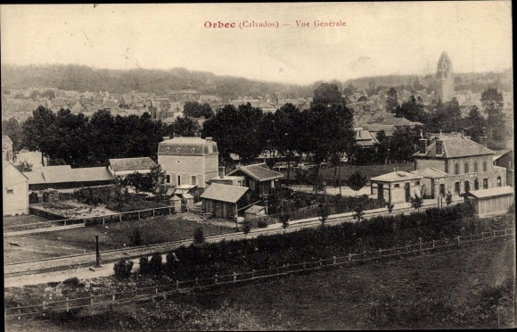 Postcard Orbec Calvados, General View, Bahnhof, The Station