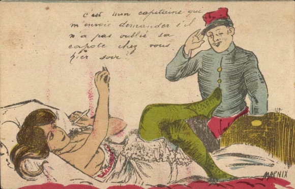 Artist Postcard Marnix, Smoking woman, soldier in uniform, underwear, cigarette