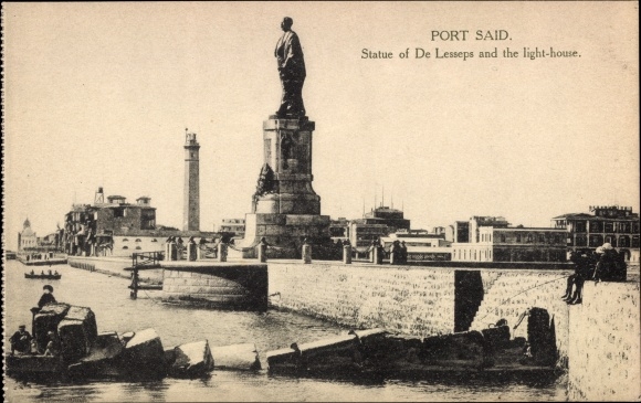 Postcard Port Said Egypt, statue of Ferdinand de Lesseps, lighthouse