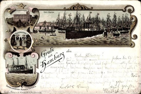 Chromo-Litho Hamburg, Vierländerin, Seaman's House, Harbour, Steamer Augusta Victoria