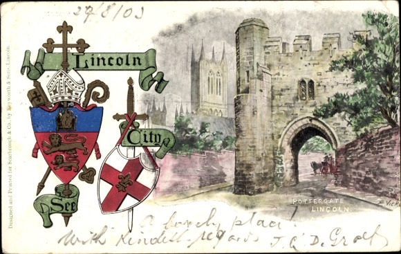 Ak Lincoln Lincolnshire England, Pottergate  Stadtwappen, historische Gebäude