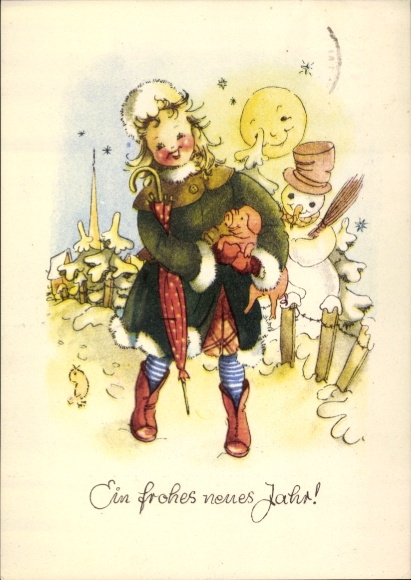 Postcard Happy New Year, snowman, girl with pig