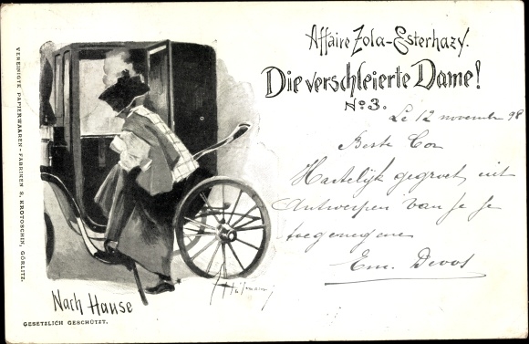 Judaica Artist Postcard Dreyfuss Affair, Émile Zola, Esterhazy, The Veiled Lady, Home