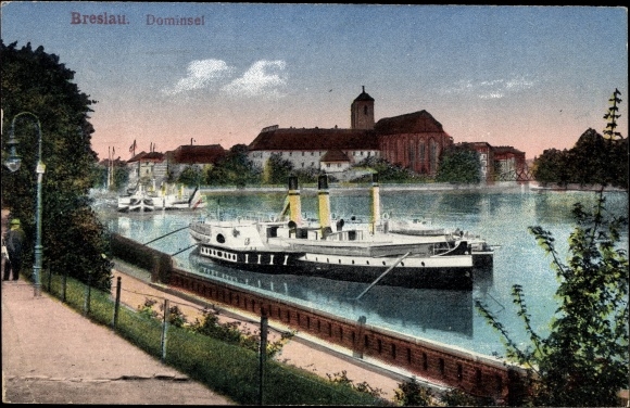 Ak Wrocław Breslau Schlesien, Dominsel, Dampfer auf der Oder