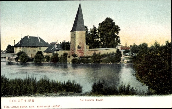 Postcard Solothurn City Switzerland, The Crooked Tower, Water, Trees, Buildings