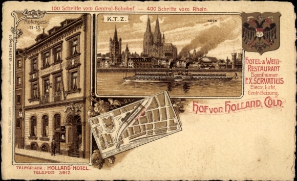 City map coat of arms Chromo-Litho Cologne on the Rhine, Hotel Hof von Holland, Hofergasse 11