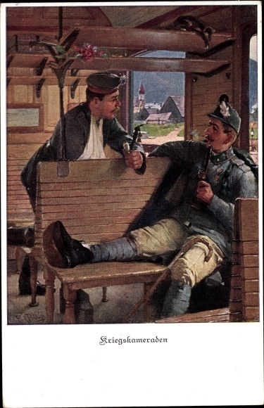 Artist Postcard War Comrades, Two smoking soldiers in a train compartment, hunters