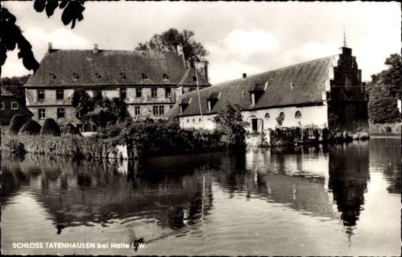 Ak Tatenhausen Bokel Halle in Westfalen, Schloss  Wasserreflexion, Schwarz-Weiß-Foto